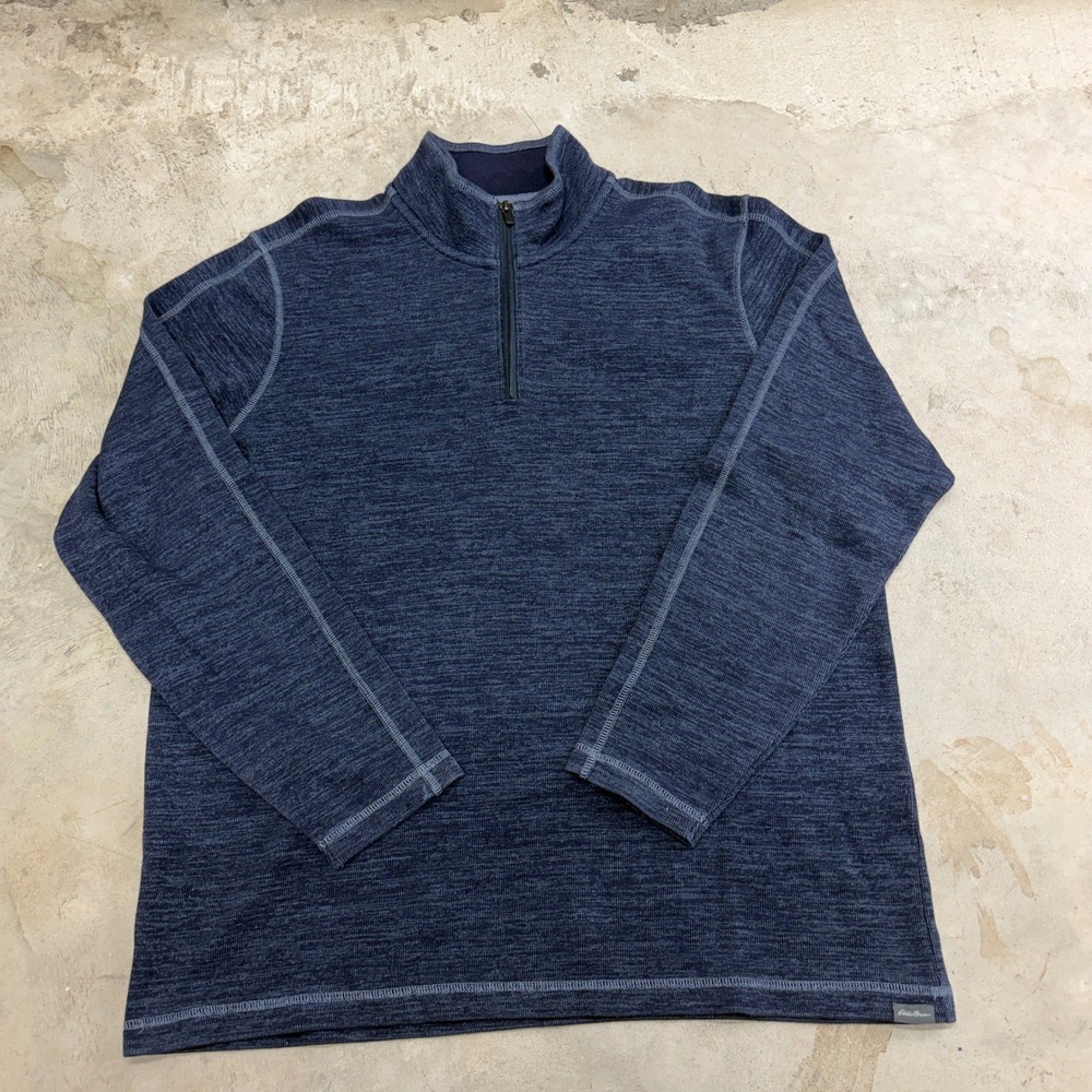 Eddie Bauer Mens Quarter Zip Pullover Sweater Blue Heathered XL Cotton Polyester
